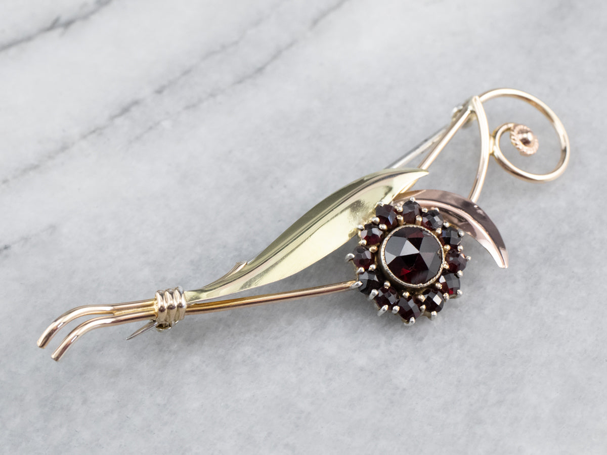 Botanical Mixed Metal Garnet Brooch
