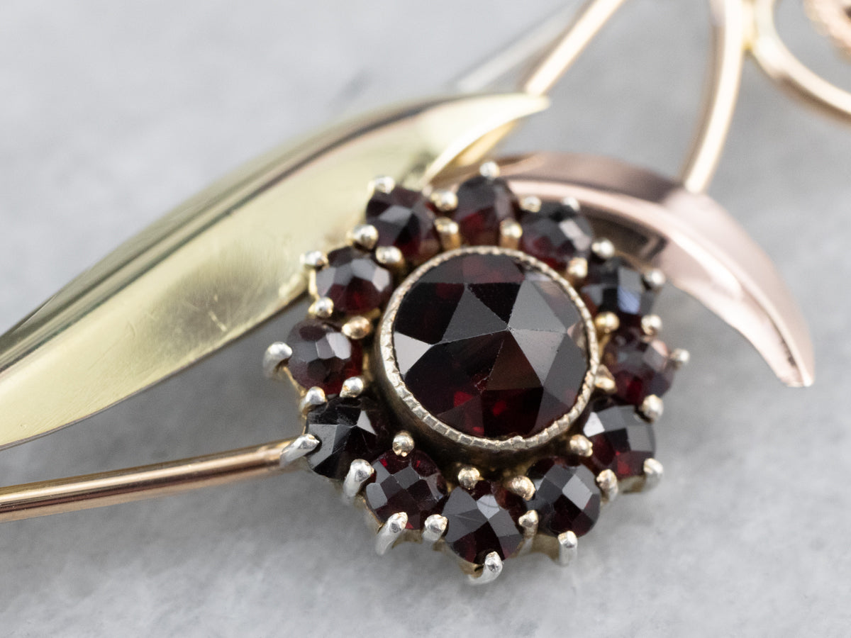 Botanical Mixed Metal Garnet Brooch