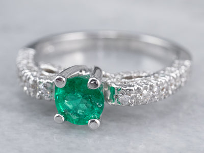 Emerald and Diamond 18K White Gold Ring