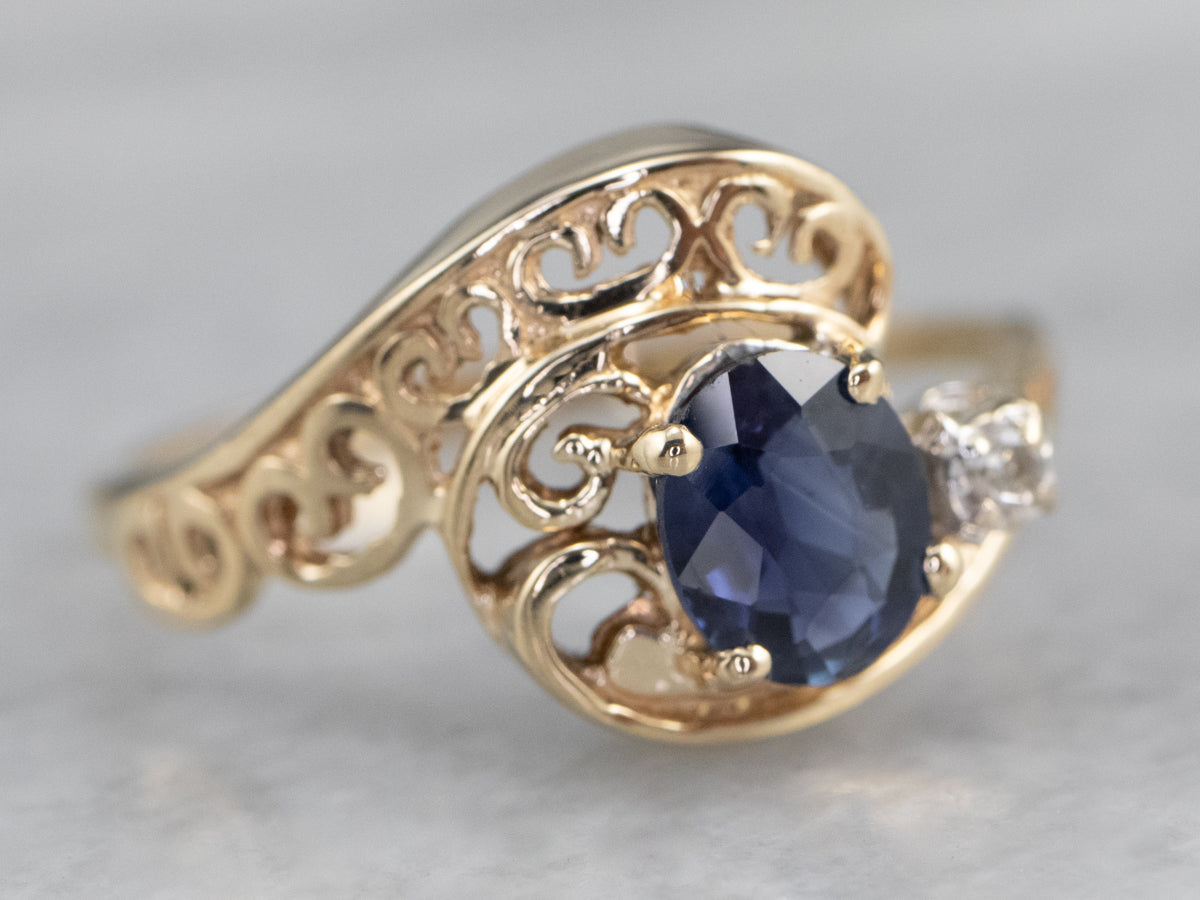 Asymmetrical Sapphire Diamond Gold Filigree Ring
