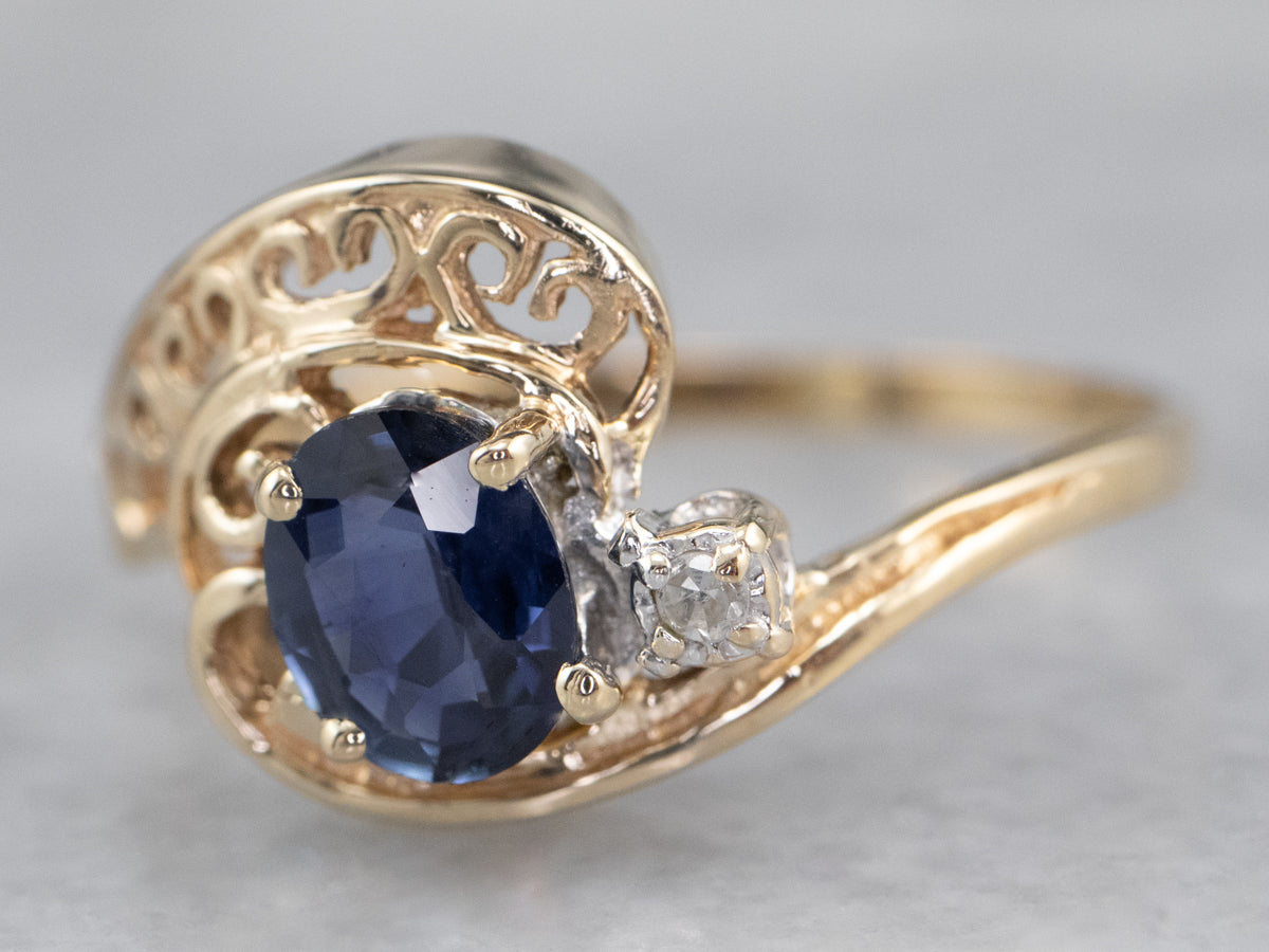 Asymmetrical Sapphire Diamond Gold Filigree Ring
