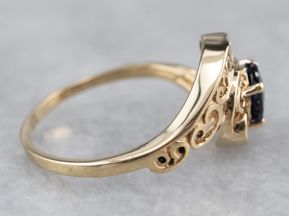 Asymmetrical Sapphire Diamond Gold Filigree Ring