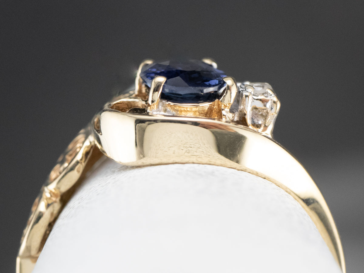 Asymmetrical Sapphire Diamond Gold Filigree Ring