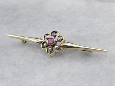 Antique Pink Sapphire Seed Pearl Brooch