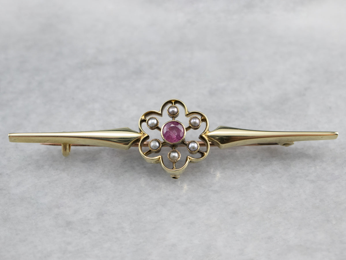 Antique Pink Sapphire Seed Pearl Brooch