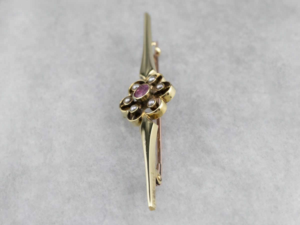Antique Pink Sapphire Seed Pearl Brooch