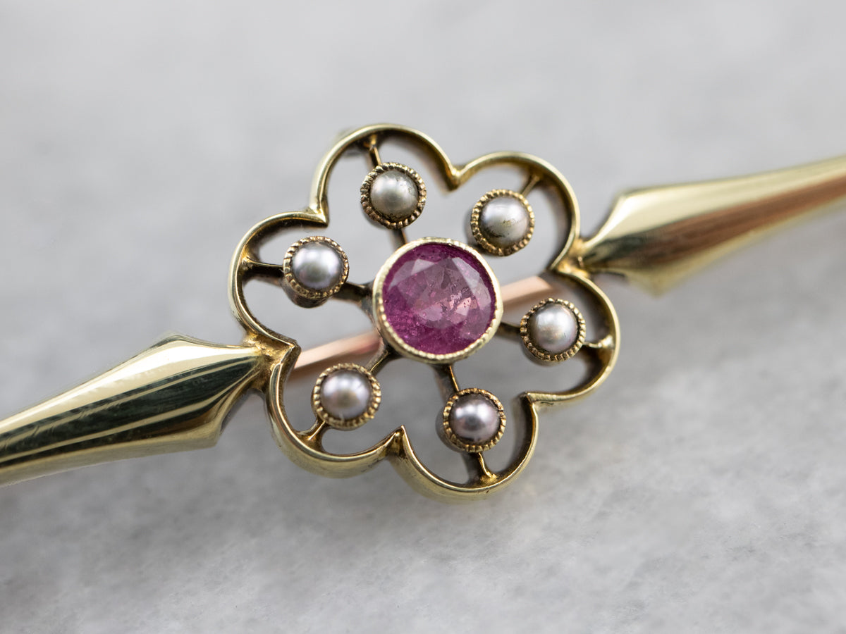 Antique Pink Sapphire Seed Pearl Brooch