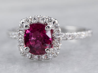 White Gold Ruby and Diamond Halo Ring