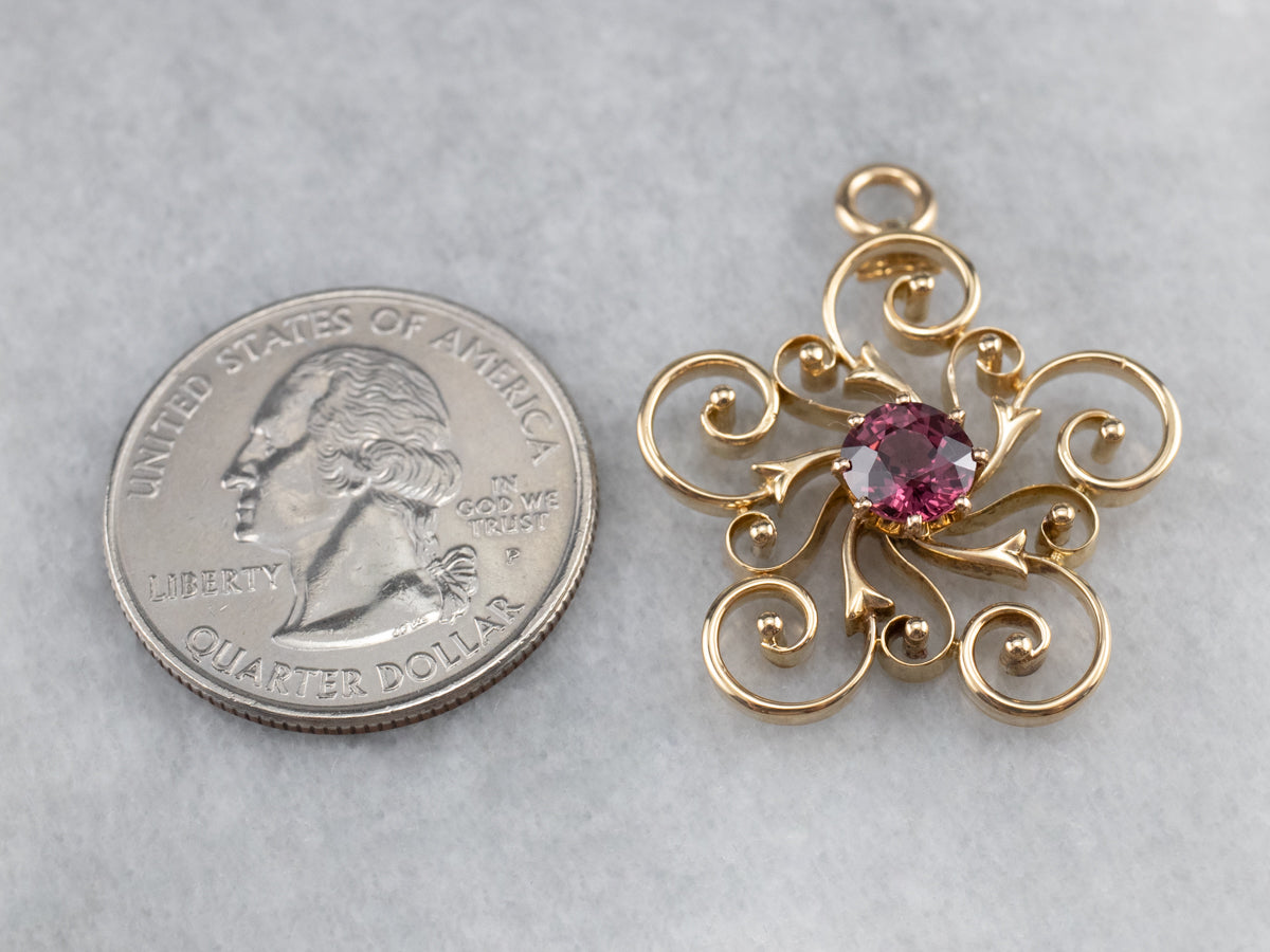 Pink Garnet Gold Filigree Pendant