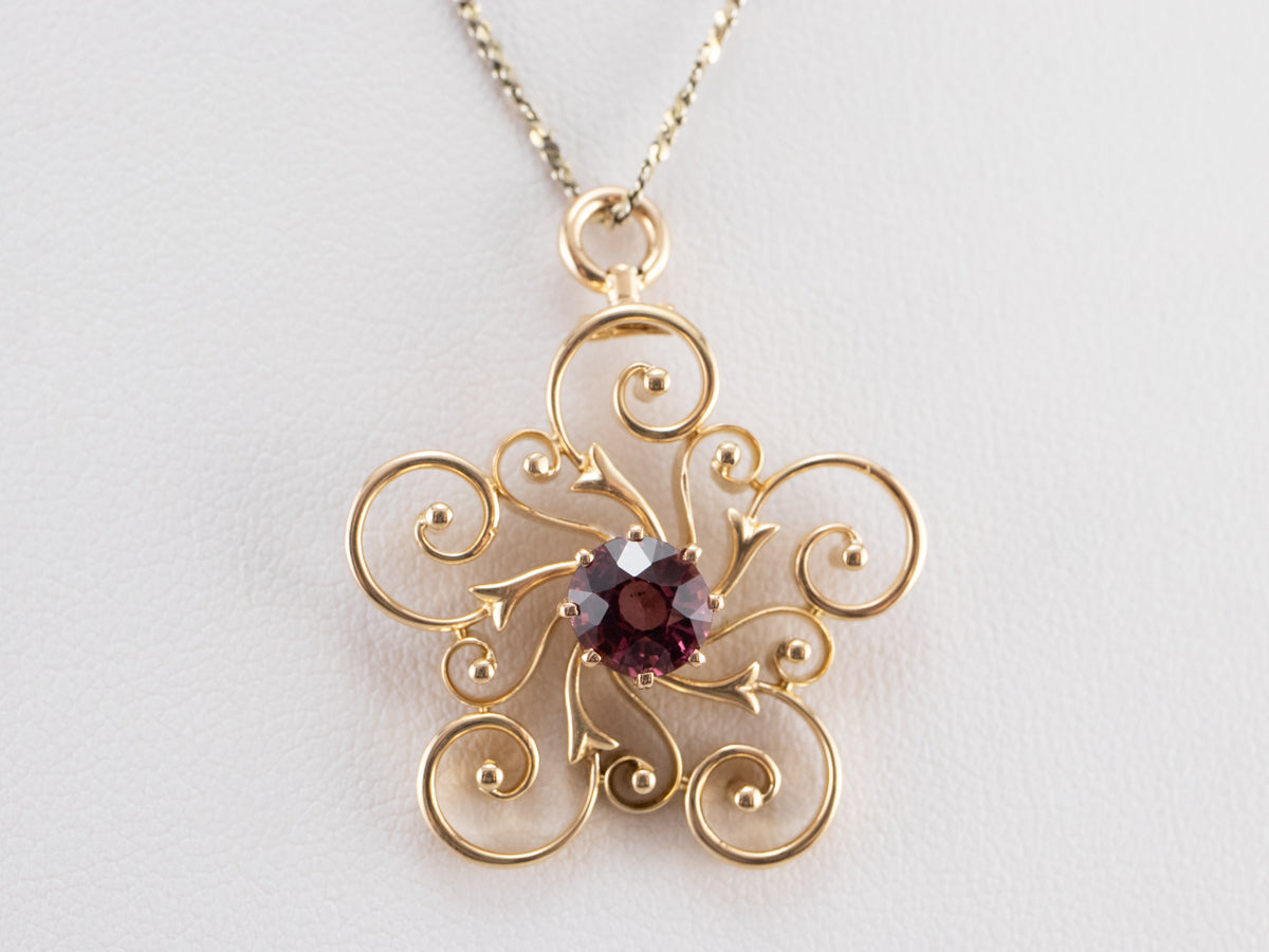 Pink Garnet Gold Filigree Pendant