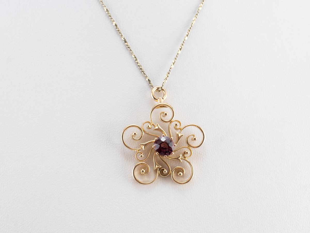 Pink Garnet Gold Filigree Pendant
