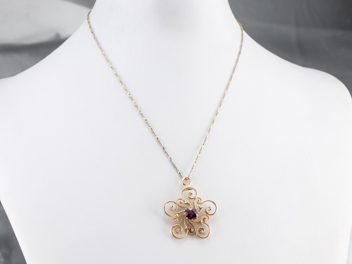 Pink Garnet Gold Filigree Pendant