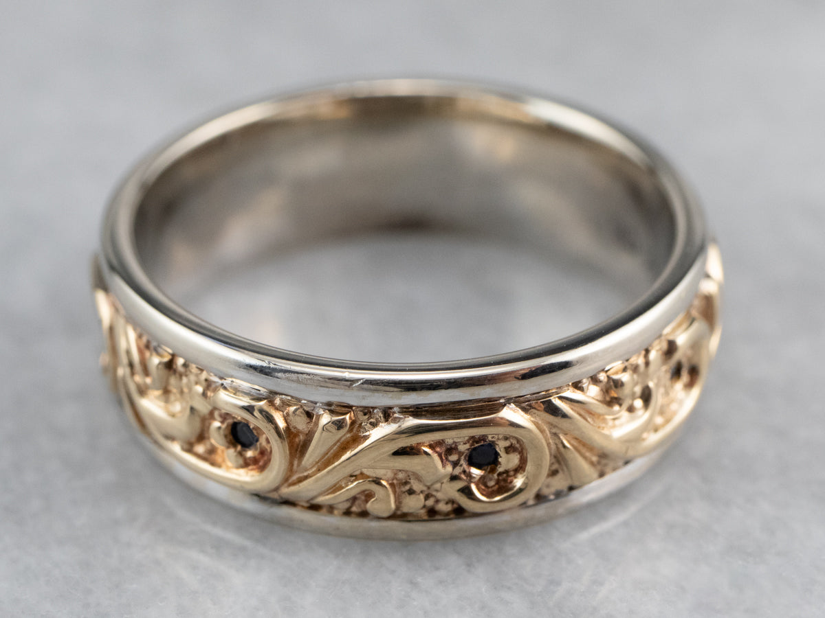 Two Tone Gold Botanical Sapphire Band