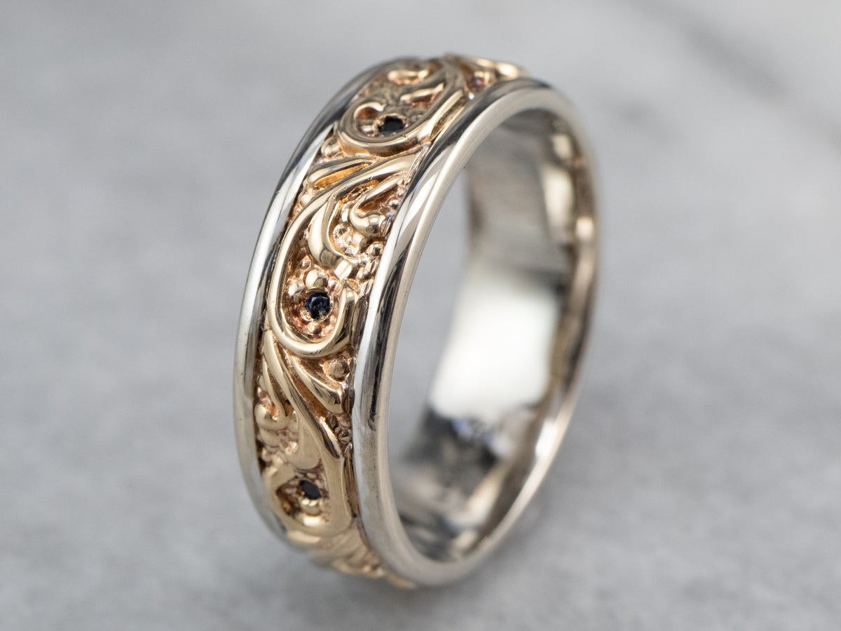 Two Tone Gold Botanical Sapphire Band