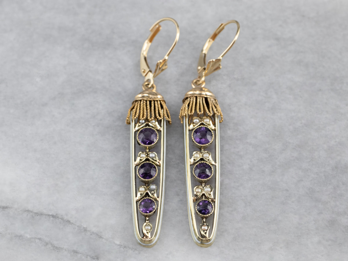 Amethyst Seed Pearl Gold Filigree Drop Earrings