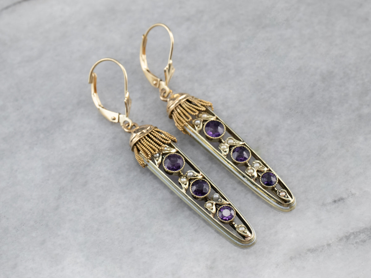 Amethyst Seed Pearl Gold Filigree Drop Earrings