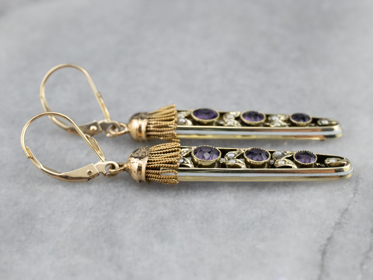 Amethyst Seed Pearl Gold Filigree Drop Earrings