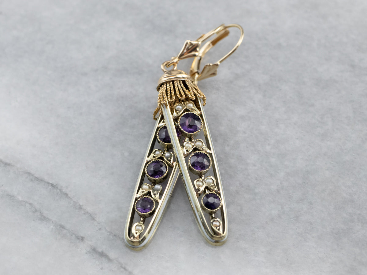 Amethyst Seed Pearl Gold Filigree Drop Earrings