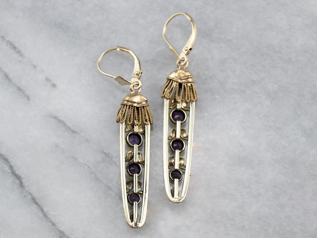 Amethyst Seed Pearl Gold Filigree Drop Earrings