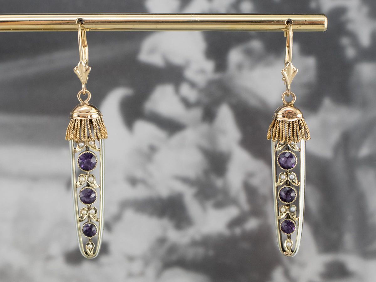 Amethyst Seed Pearl Gold Filigree Drop Earrings