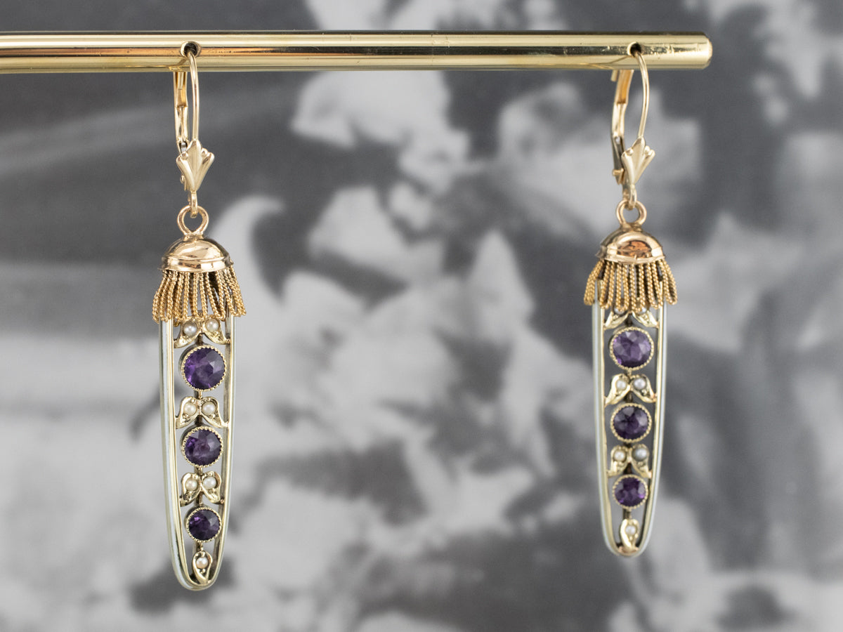 Amethyst Seed Pearl Gold Filigree Drop Earrings