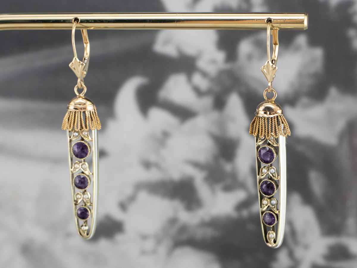 Amethyst Seed Pearl Gold Filigree Drop Earrings