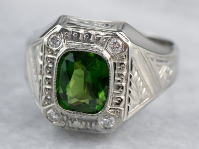 Green Tourmaline Diamond White Gold Statement Ring