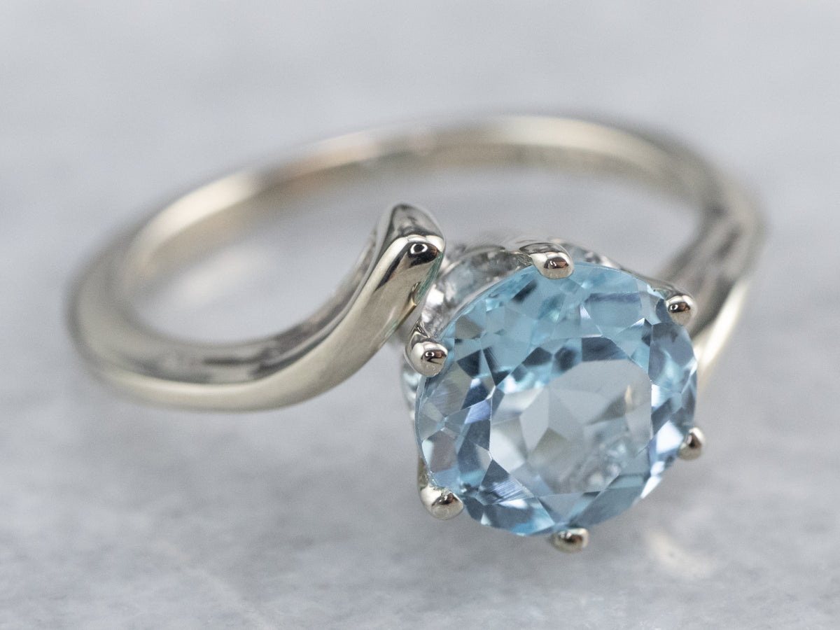 Blue Topaz White Gold Bypass Style Solitaire Ring