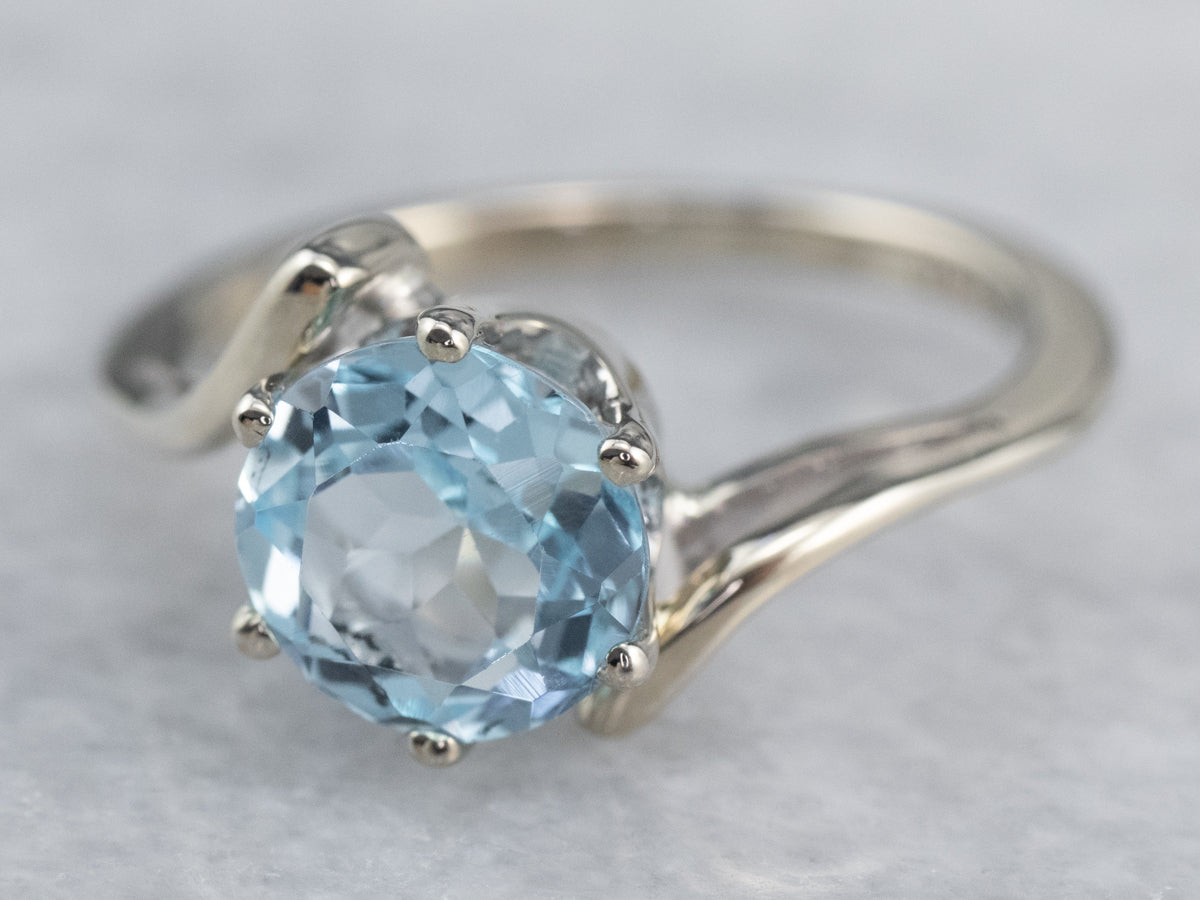 Blue Topaz White Gold Bypass Style Solitaire Ring