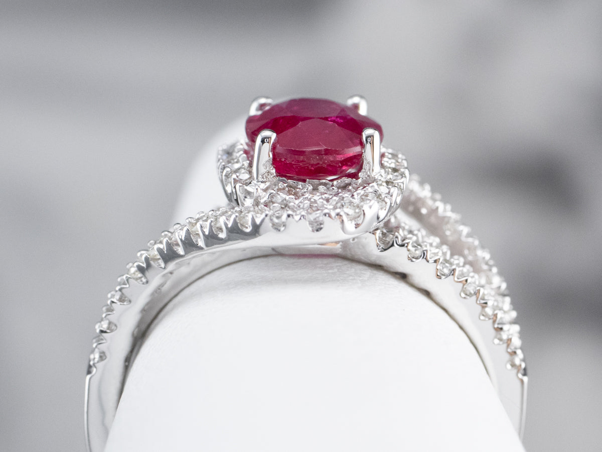 Modern Ruby Diamond Halo White Gold Engagement Ring