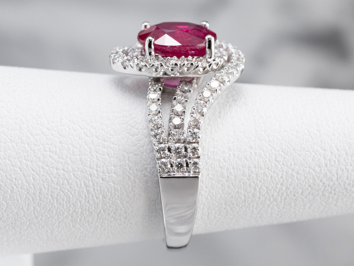 Modern Ruby Diamond Halo White Gold Engagement Ring