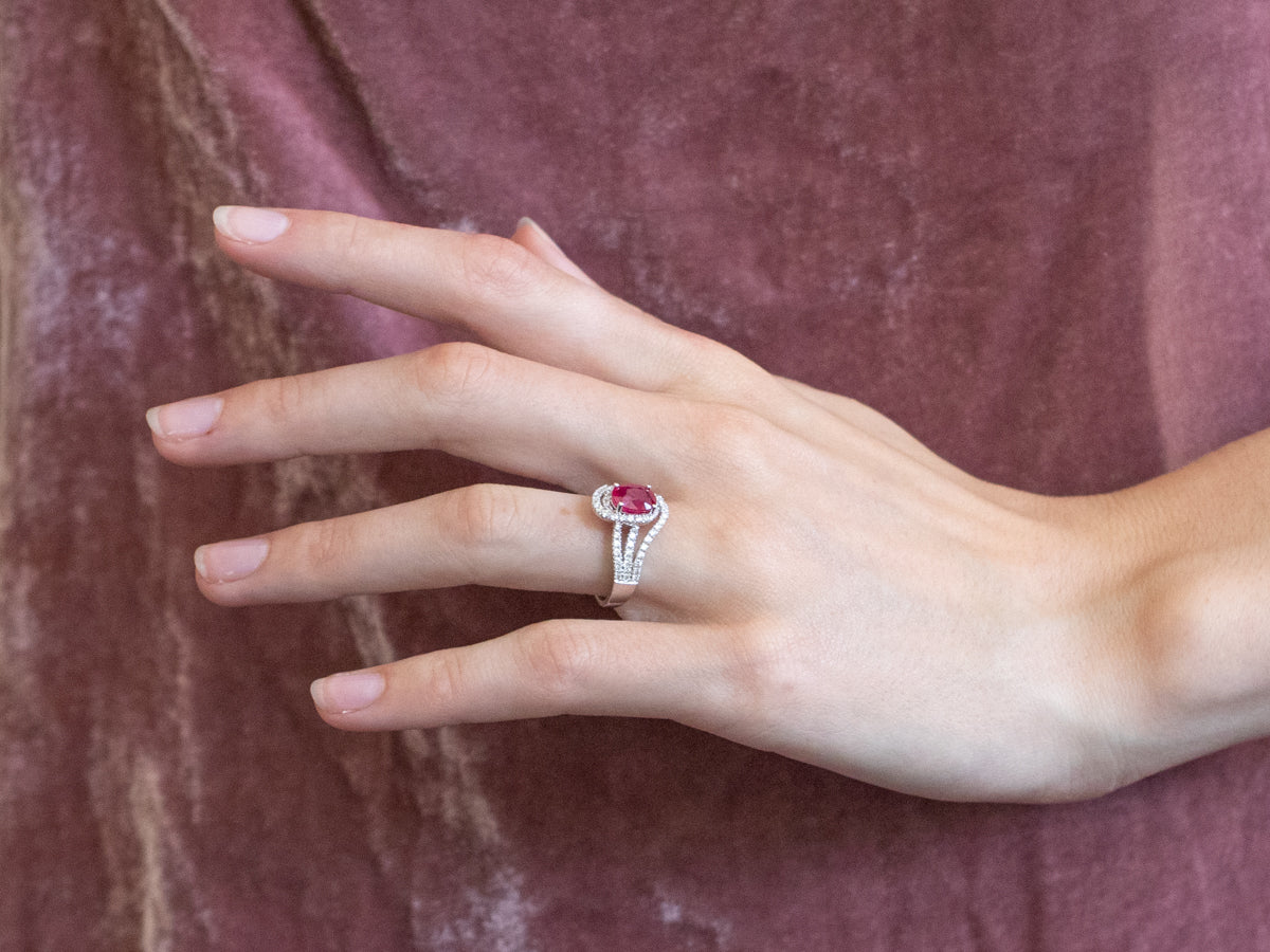 Modern Ruby Diamond Halo White Gold Engagement Ring