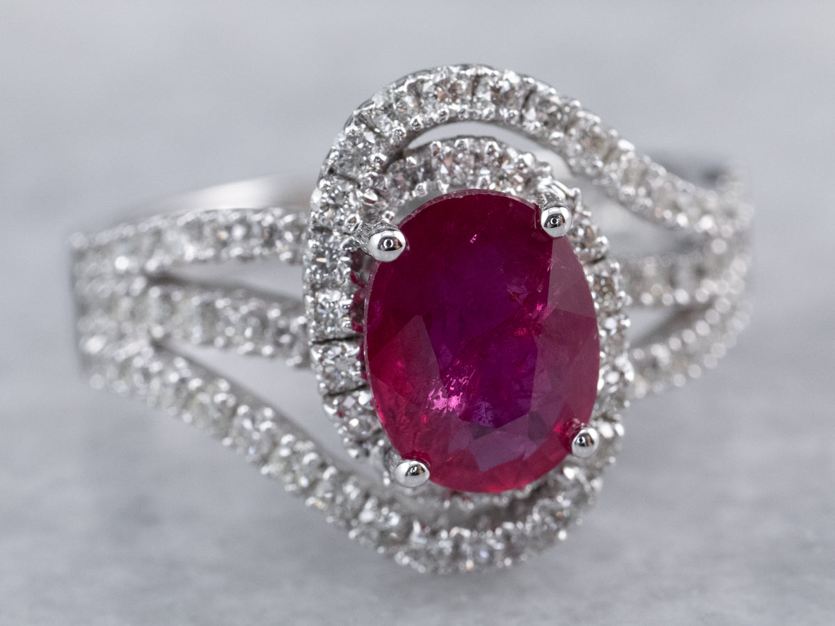 Modern Ruby Diamond Halo White Gold Engagement Ring