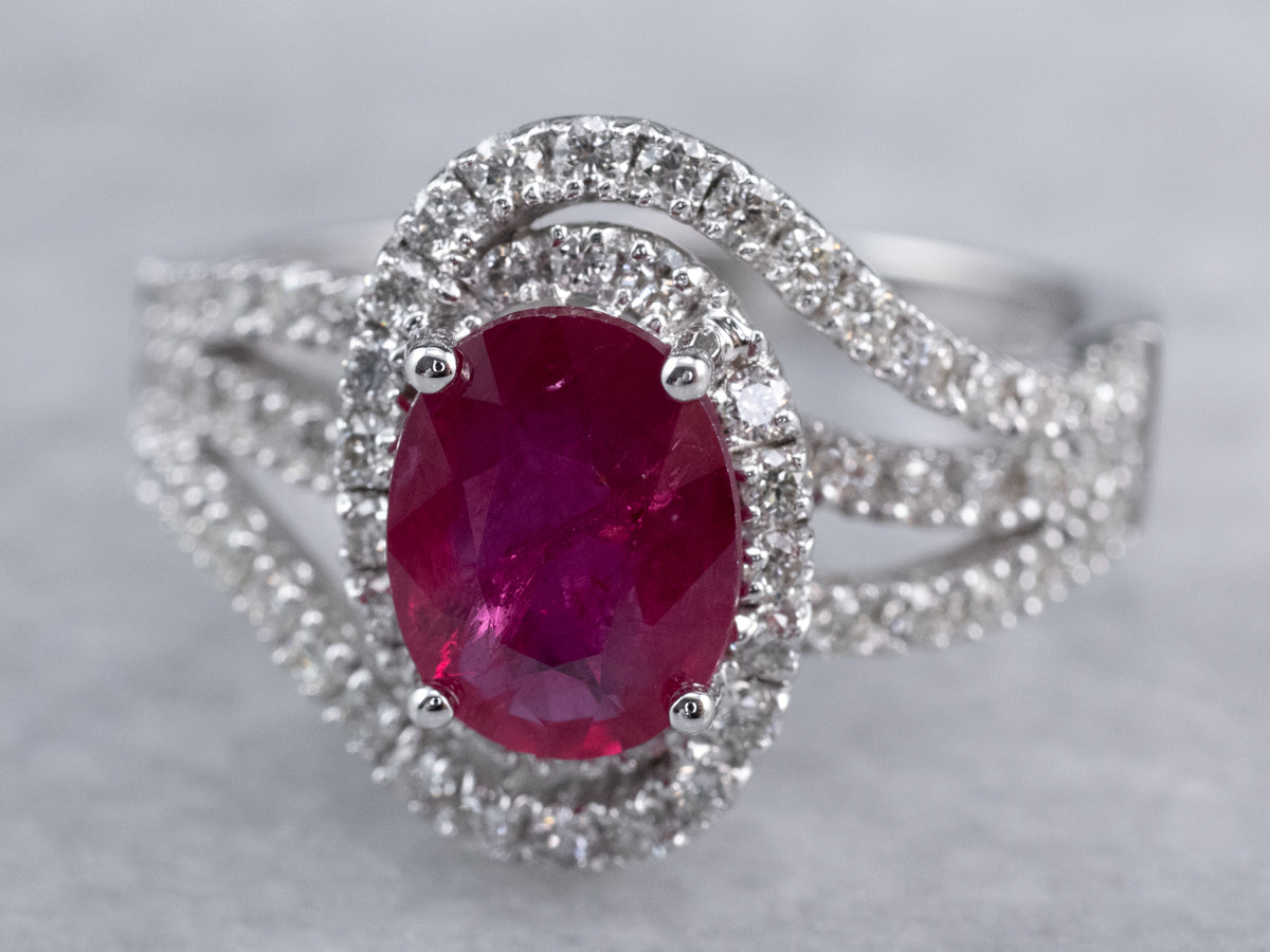 Modern Ruby Diamond Halo White Gold Engagement Ring
