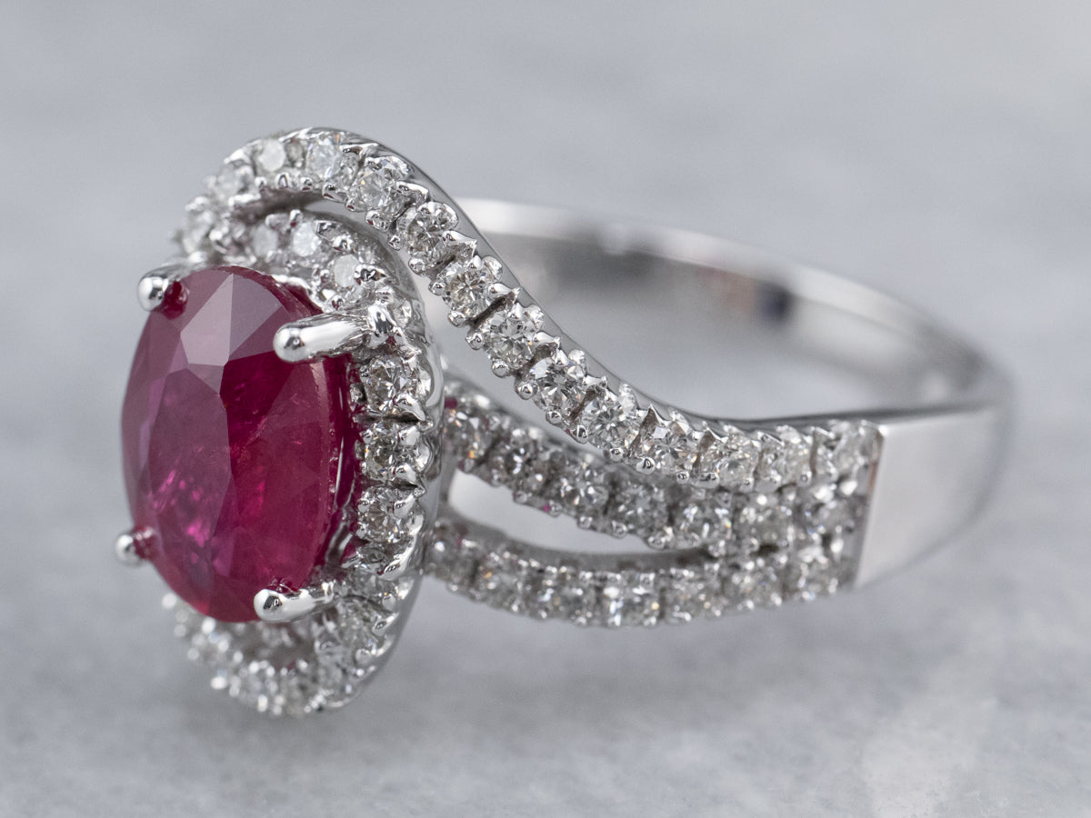 Modern Ruby Diamond Halo White Gold Engagement Ring