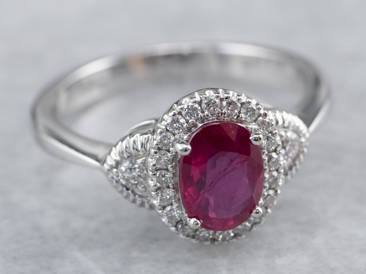 Modern Ruby Diamond White Gold Halo Engagement Ring