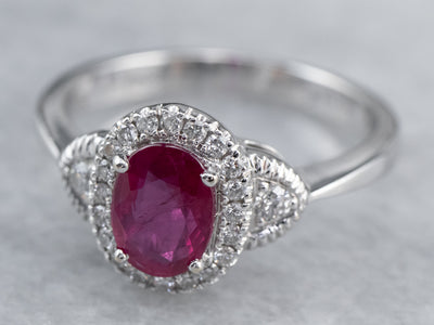 Modern Ruby Diamond White Gold Halo Engagement Ring