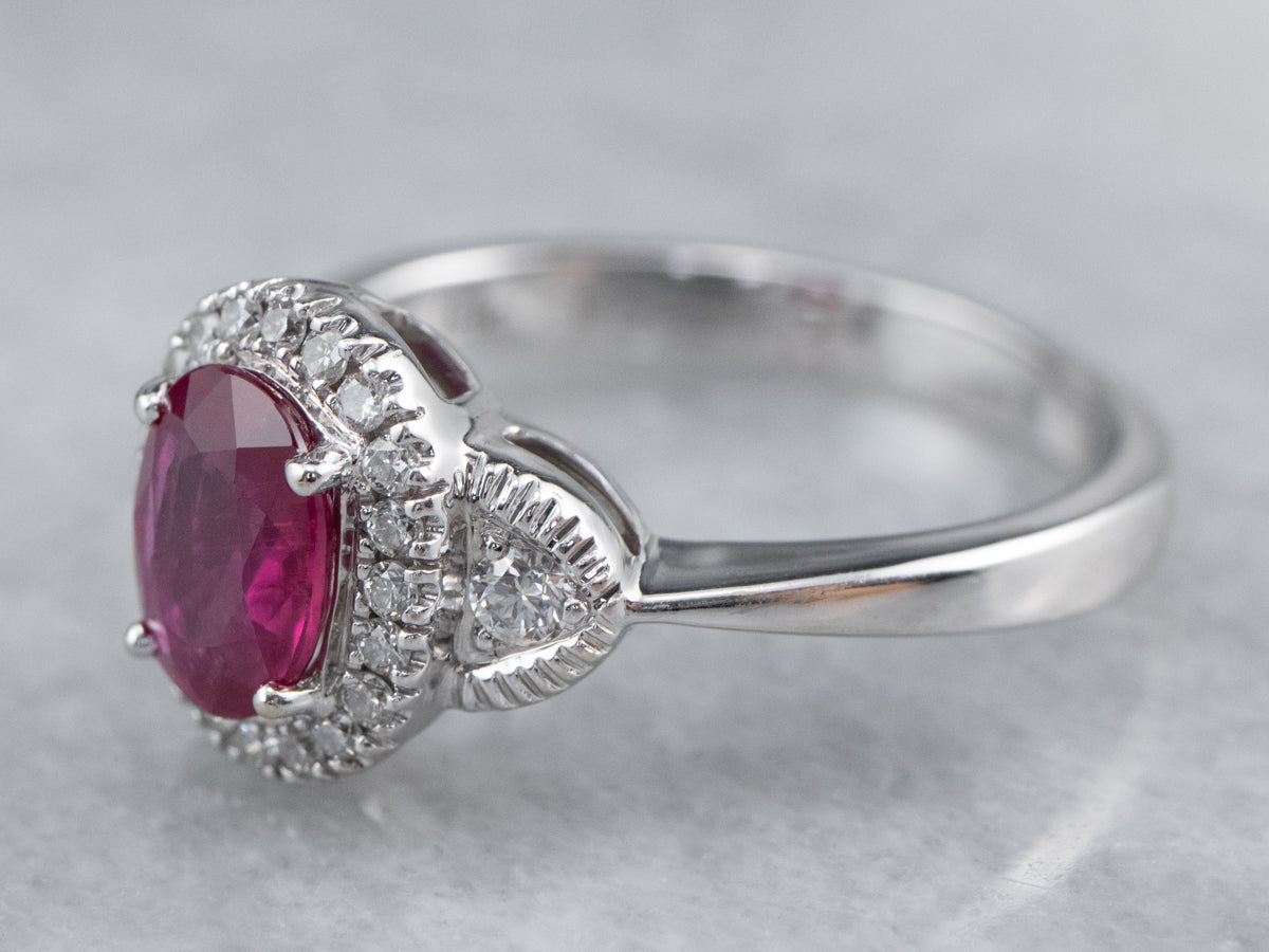 Modern Ruby Diamond White Gold Halo Engagement Ring