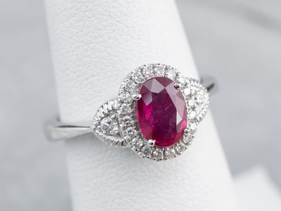 Modern Ruby Diamond White Gold Halo Engagement Ring