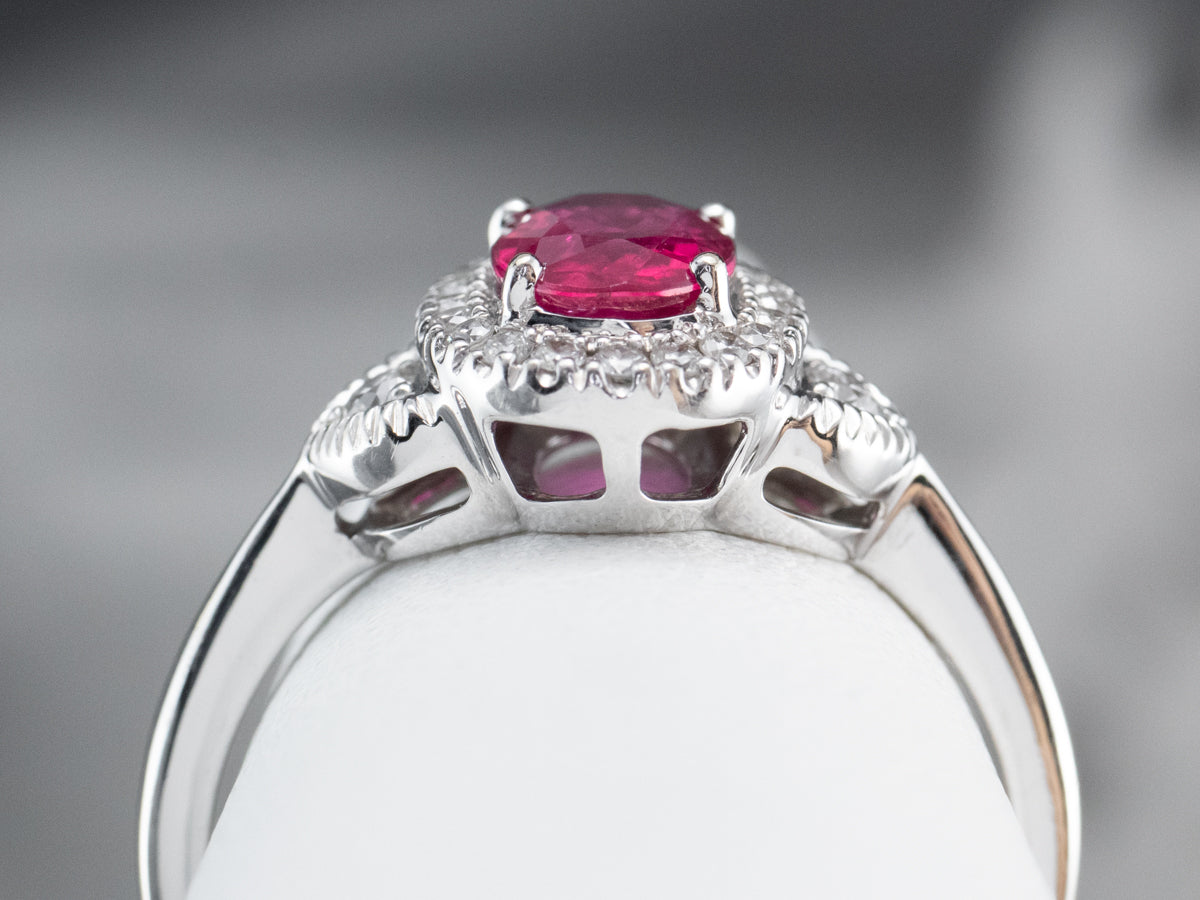 Modern Ruby Diamond White Gold Halo Engagement Ring