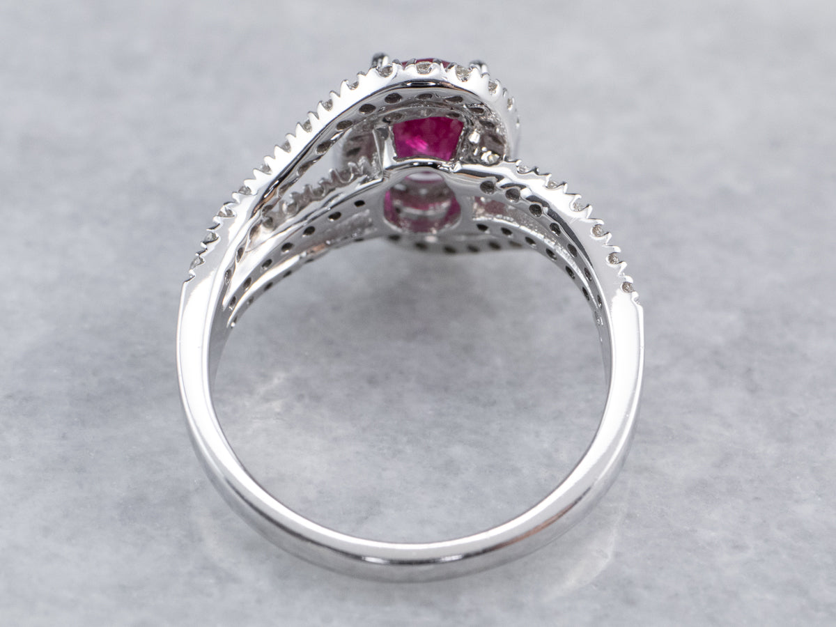 Modern Ruby Diamond Halo White Gold Engagement Ring