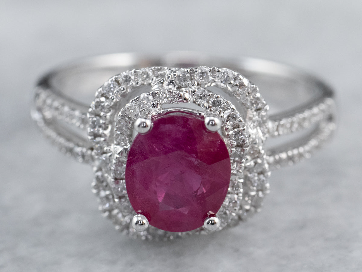 Ruby Diamond White Gold Halo Engagement Ring
