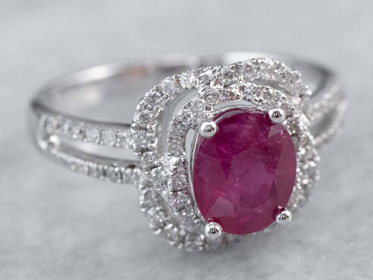 Ruby Diamond White Gold Halo Engagement Ring