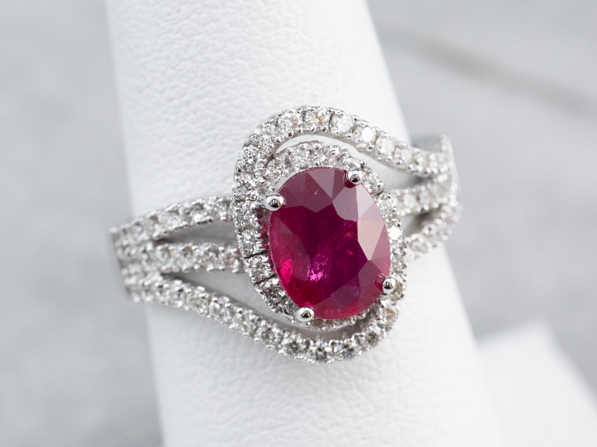 Modern Ruby Diamond Halo White Gold Engagement Ring