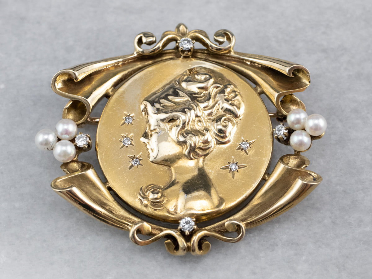 Diamond Pearl Gold Portrait Brooch Pendant