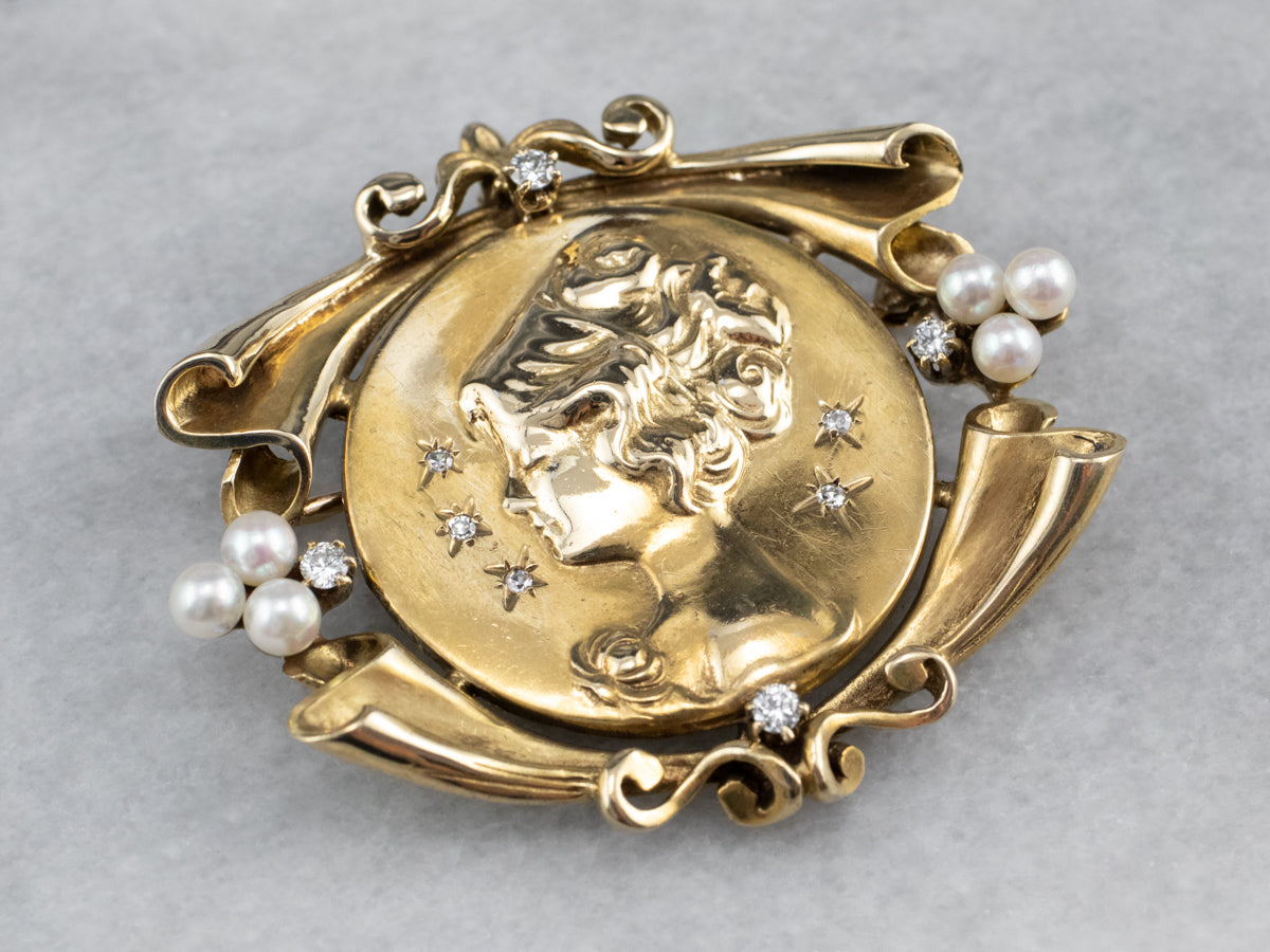 Diamond Pearl Gold Portrait Brooch Pendant