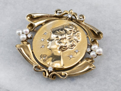 Diamond Pearl Gold Portrait Brooch Pendant