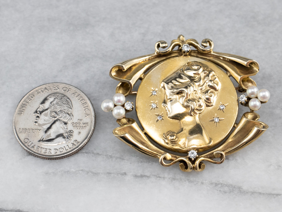 Diamond Pearl Gold Portrait Brooch Pendant