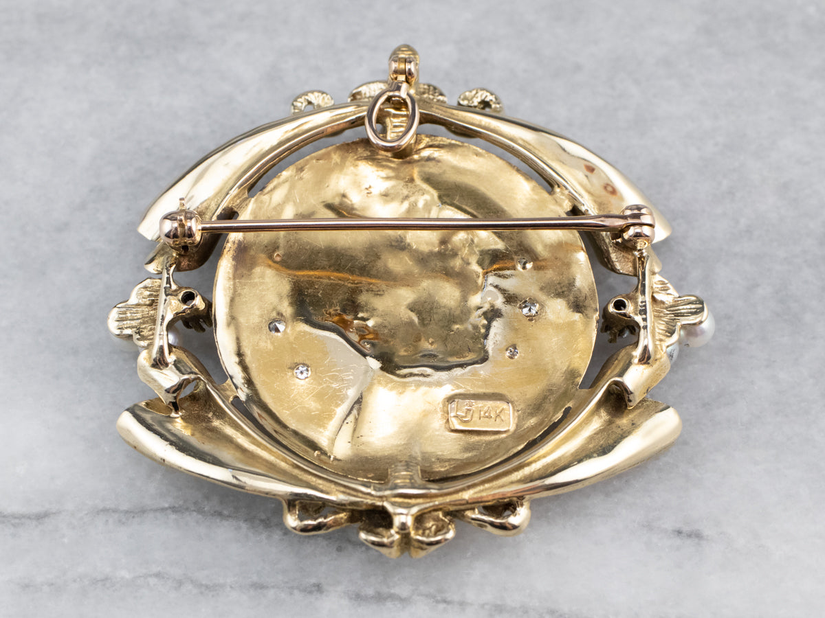 Diamond Pearl Gold Portrait Brooch Pendant