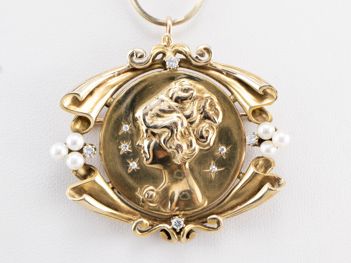 Diamond Pearl Gold Portrait Brooch Pendant